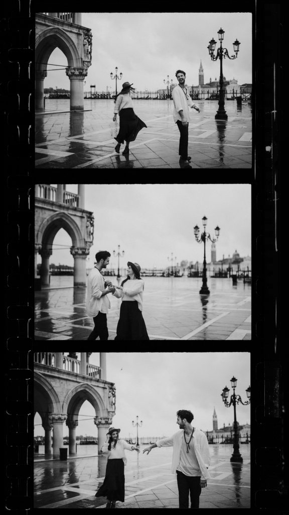 dancing in the rain Venice Italy couples photographer