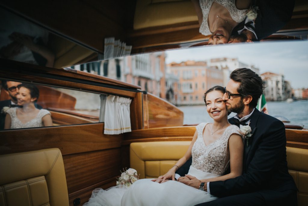 Amore water taxi in Venice with newly weds on board