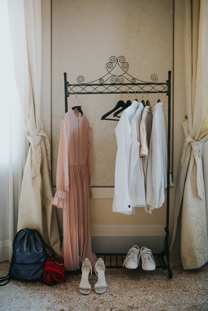 wedding outfits on a rack