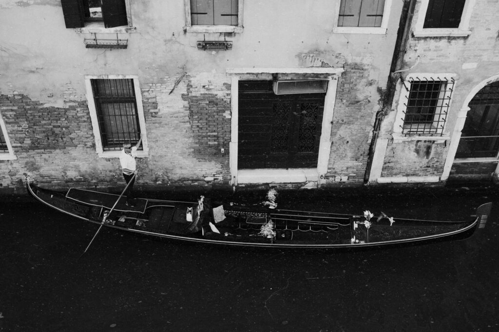 Venice gondola black and white wedding photos